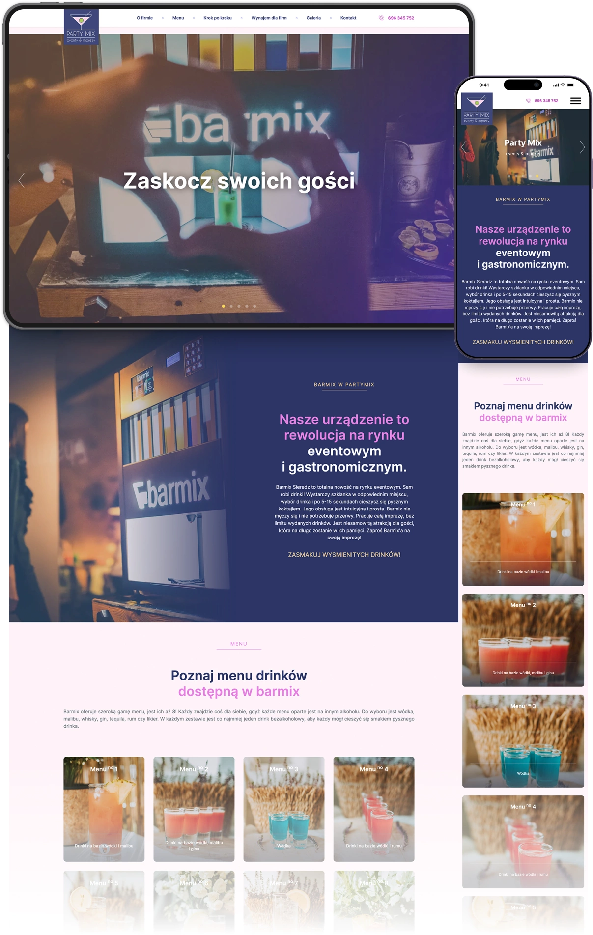 Party Mix & Barmix. zapewnia urządzenie rewolucjonizujące rynek eventowy i gastronomiczny. Na stronie znajdują się informacje o menu drinków dostępnych w ich ofercie oraz o tym, jak zaskoczyć gości podczas wydarzeń.
