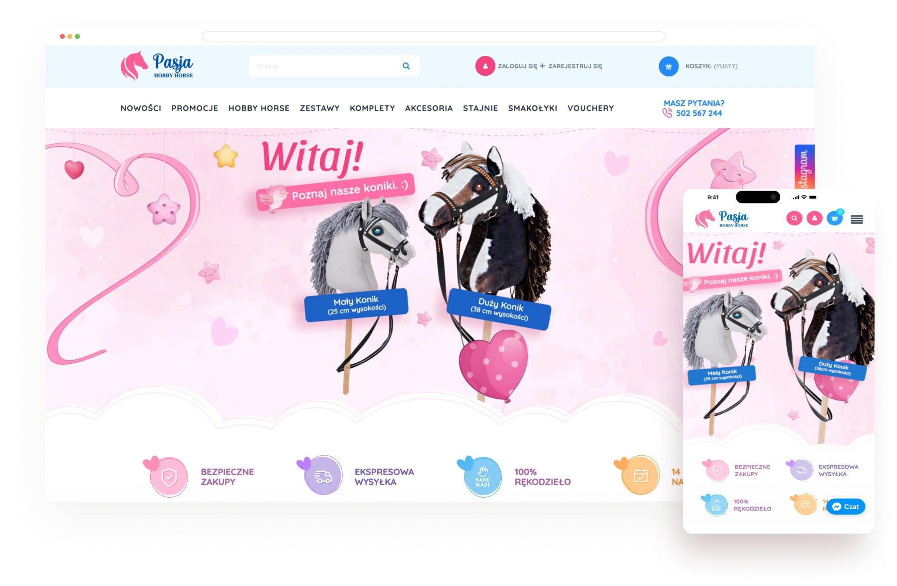 Strona sklepu internetowego "Pasja Hobby Horse" z ofertą ręcznie robionych koników na kiju. Przyjazny, pastelowy design z ikonami bezpieczeństwa zakupów i szybkiej wysyłki.