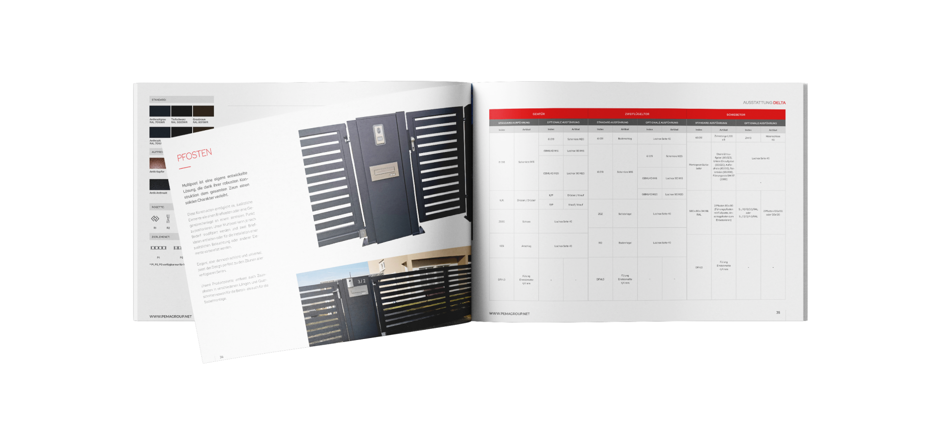 Katalog produktów ogrodzeniowych z akcesoriami, w tym skrzynkami pocztowymi i słupkami do bram, z opisami i szczegółami technicznymi.