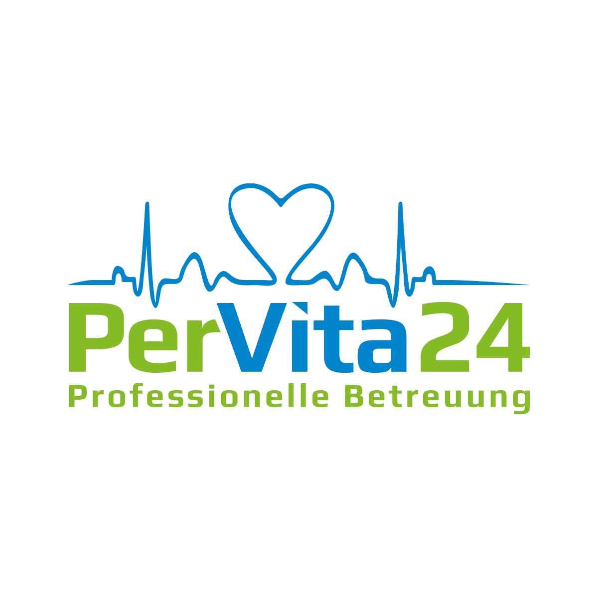 Logo "PerVita24" w niebiesko-zielonej kolorystyce z motywem serca i linii życia. Podkreśla profesjonalną opiekę i troskę oferowaną przez firmę.