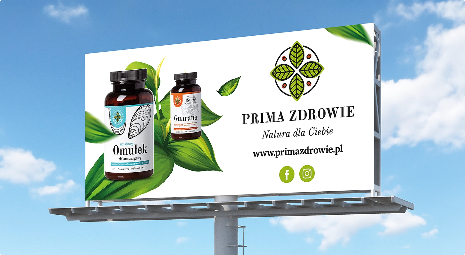 Billboard PRIMA ZDROWIE promujący naturalne suplementy, m.in. Omółek zielonowargowy i Guarana.