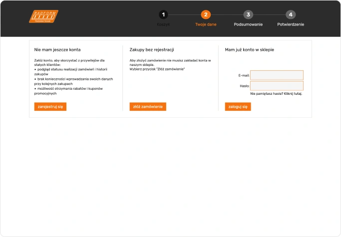 Widok koszyka zakupowego w wersji desktopowej i mobilnej. Zawiera podsumowanie zamówienia, wybór metody dostawy i płatności oraz formularz adresowy do finalizacji zakupu.