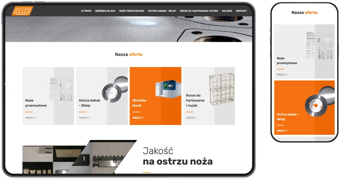 Strona firmy narzędziowej wyświetlona na tablecie i smartfonie. Widoczna sekcja „Nasza oferta” z kategoriami produktów, takimi jak noże przemysłowe i ostrza tnące.