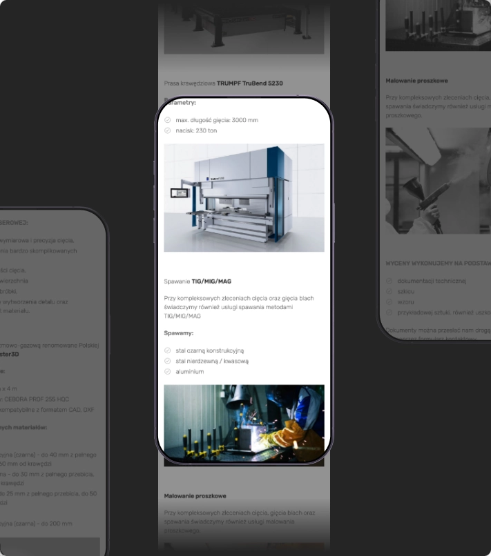 Strona internetowa firmy obróbki metalu na ekranach smartfonów. Widoczne sekcje „Park maszynowy” i „Spawanie TIG/MIG/MAG” z opisami maszyn i parametrów.