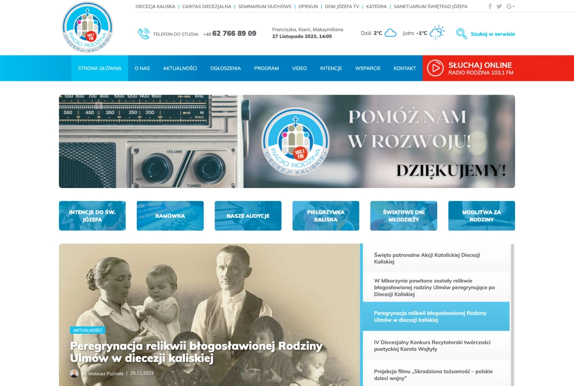 Strona internetowa Radia Rodzina, z informacjami o audycjach, intencjach, programie i wydarzeniach religijnych. Opcja słuchania online.