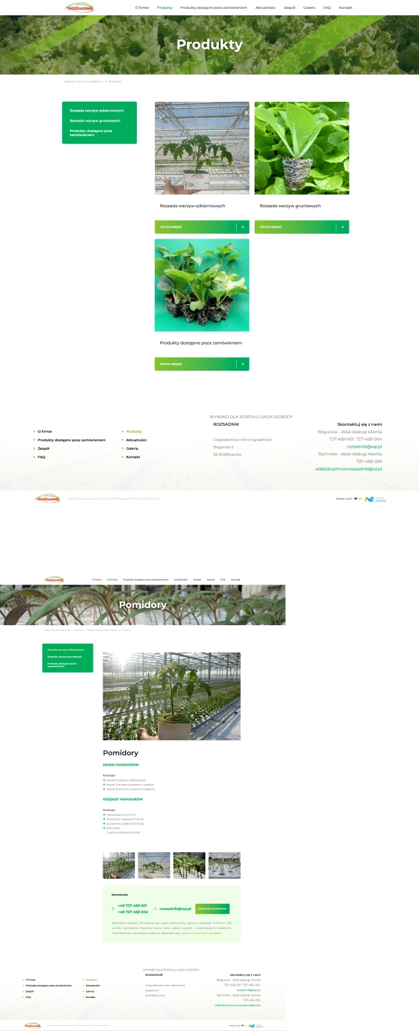 Strona Rozsadnik prezentuje ofertę produktów, informacje o firmie, produktach, aktualnościach i zamówieniach.