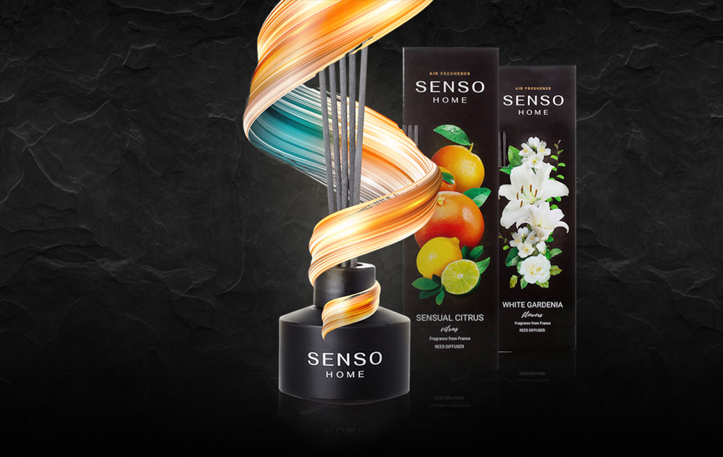 Luksusowe dyfuzory SENSO HOME – zapachy Sensual Citrus i White Gardenia. Elegancki design, artystyczna wstęga symbolizująca intensywność i harmonię aromatu.

