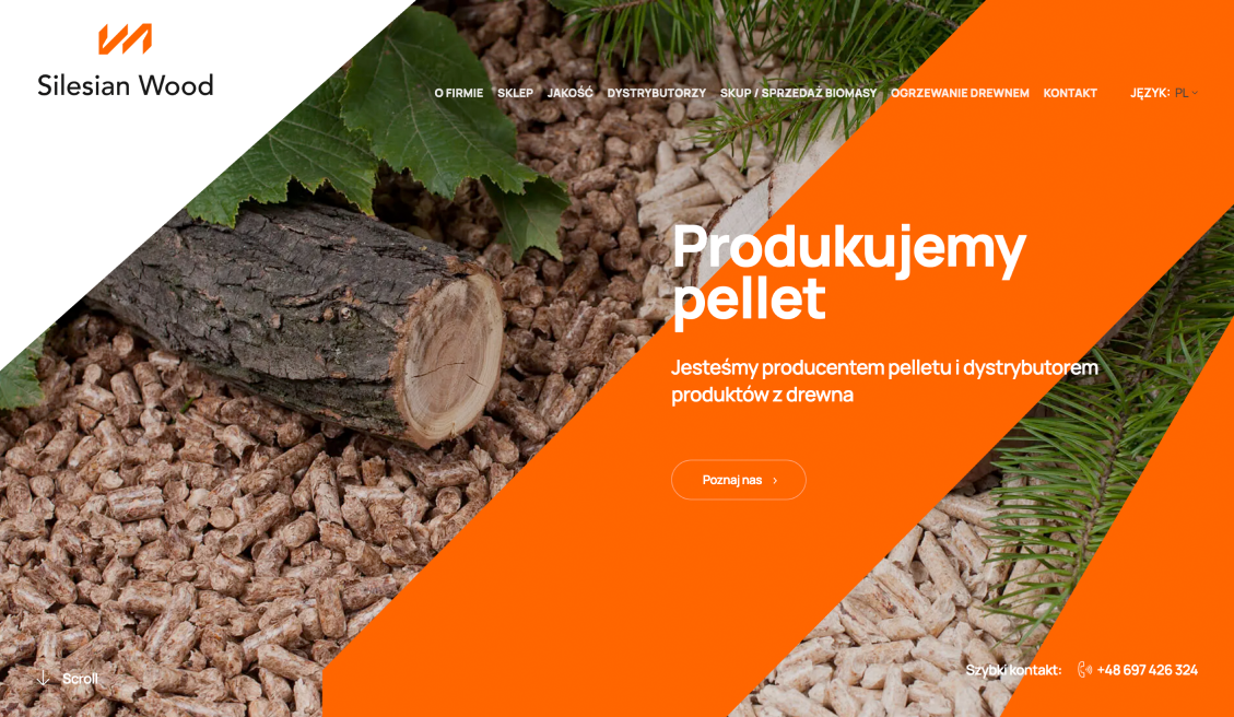 Strona internetowa Silesian Wood. Na głównym banerze widoczny pellet drzewny i pień drewna. Hasło „Produkujemy       pellet” podkreśla specjalizację firmy.