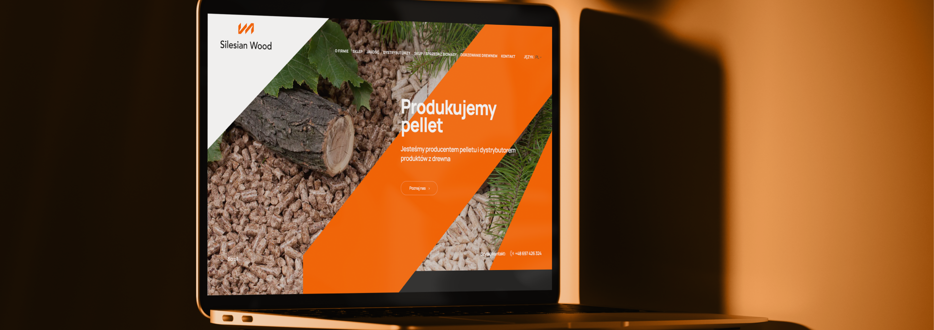 Baner Silesian Wood. Na głównym banerze widoczny pellet drzewny i pień drewna. Hasło „Produkujemy pellet” podkreśla specjalizację firmy.