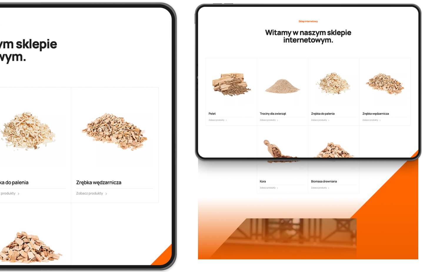 Strona sklepu internetowego Silesian Wood prezentująca ofertę biomasy. Widoczne produkty to pellet, trociny, zrębka oraz drewno kominkowe, dostępne do zakupu online.