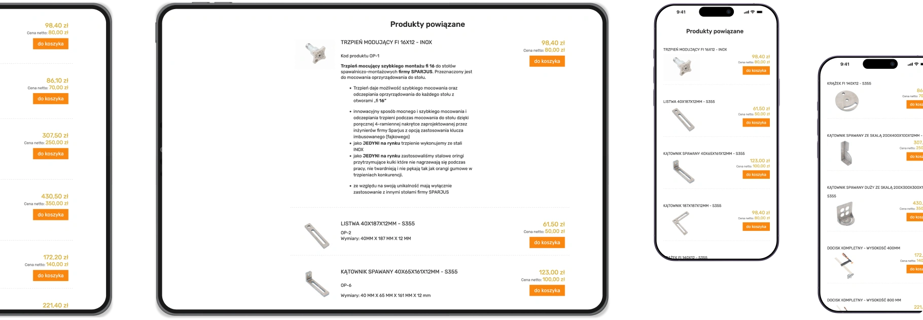 Sekcja "Produkty powiązane" przedstawia dodatkowe akcesoria, takie jak tuleje regulacyjne, listwy montażowe i kątowniki spawane, z opisami i cenami.