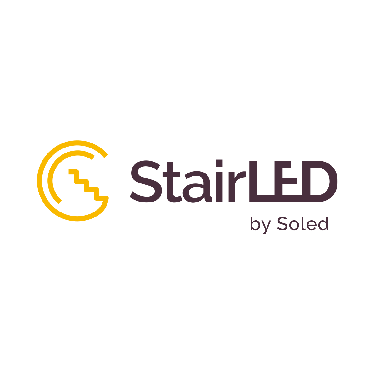 Logo "StairLED by Soled" z żółtym symbolem schodów w okręgu i elegancką typografią. Nowoczesny design podkreśla innowacyjność oświetlenia LED do schodów.