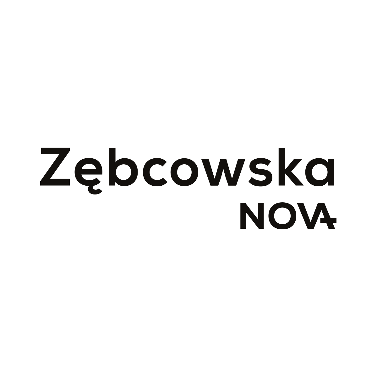 Minimalistyczne logo "Zębcowska NOVA" w czarnej, nowoczesnej typografii na białym tle, z charakterystycznym stylizowanym akcentem w słowie "NOVA".