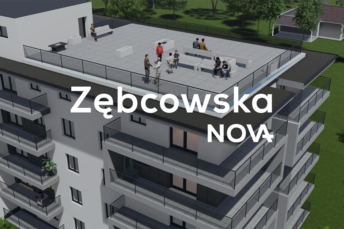 Wizualizacja inwestycji "Zębcowska NOVA" – nowoczesny budynek z przestronnym tarasem na dachu, otoczony zielenią, z ludźmi spędzającymi czas na świeżym powietrzu.