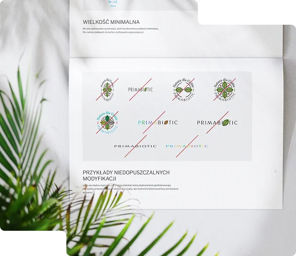 Zdjęcie przedstawia stronę z księgi identyfikacji wizualnej, zawierającą zasady dotyczące minimalnej wielkości logo oraz niedopuszczalnych modyfikacji znaku graficznego marki Primabiotic. W centralnej części widoczne są przekreślone warianty logo, które nie spełniają standardów