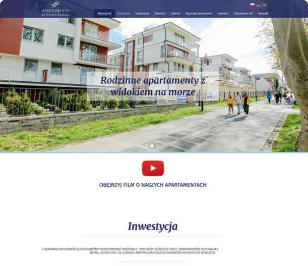 Landing page apartamentowej inwestycji, podgląd strony, CTA do obejrzenia filmu promocyjnego