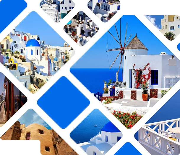 Obraz przedstawia kolaż fotografii ukazujących malownicze widoki z Santorini – jednej z najbardziej rozpoznawalnych greckich wysp.
