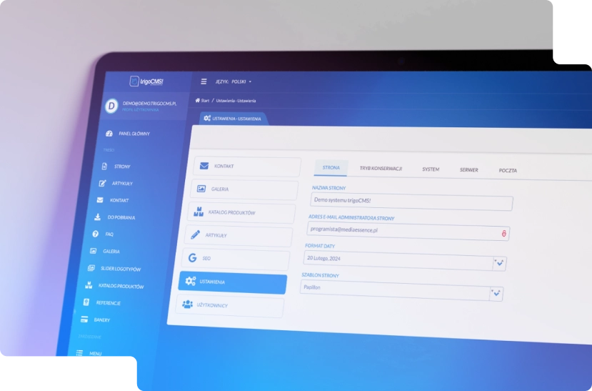 Ekran trigoCMS w sekcji „Ustawienia” umożliwia edycję nazwy strony, e-maila, formatu daty i szablonu. Po lewej menu z opcjami jak „Strony” czy „SEO”.